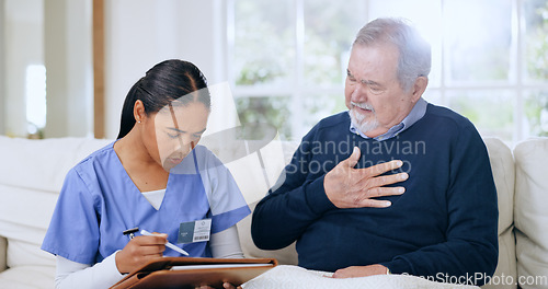 Image of Caregiver, consulting and elderly man with chest pain, lunge cancer or sick from medical infection, virus or tuberculosis. Nurse consultation, healthcare checklist or client explain breathing problem