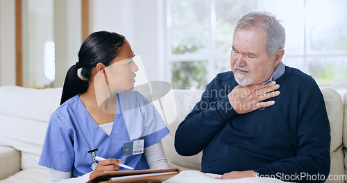 Image of Nurse, support and elderly man with neck pain, throat cancer and sick from infection, virus or injury. Home consultation, breathing problem and caregiver test, exam and writing medical survey notes