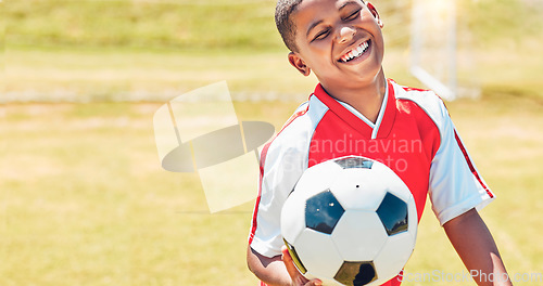 Image of Happy, soccer and child on sport field with soccer ball excited for training, game or competition with smile. Black kid, football and health of young athlete on grass ready to play match for fitness.