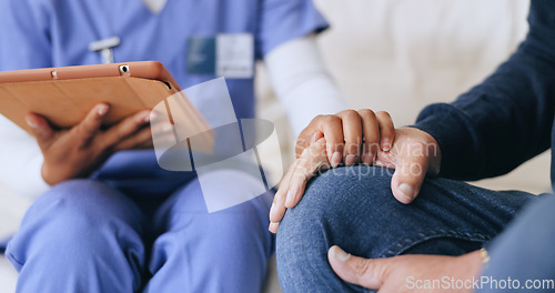 Image of Nurse, patient or hands closeup for support or tablet for diagnosis news, consultation or test result. Medical worker, person or trust for online anxiety stress empathy, wellness or report exam hope