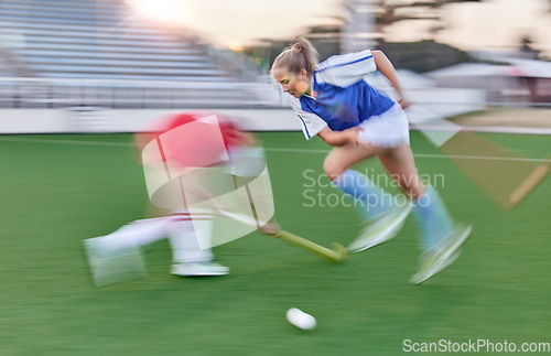 Image of Hockey, women and sports speed on field for athlete team playing in competition tournament. Fitness, ground and workout of girl sport people playing outdoor stadium game with motion blur.