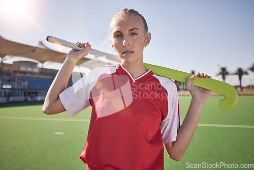 Image of Hockey, woman and sports athlete portrait on field for training or competition match outdoors. Healthy sport person, exercise motivation lifestyle and fitness coach or hockey player on stadium ground