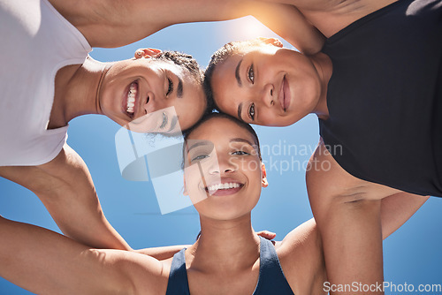 Image of Fitness, friends and portrait of athletes from below at an outdoor marathon, training or practice. Sports, team and healthy happy women doing exercise or practicing for an athletic championship.