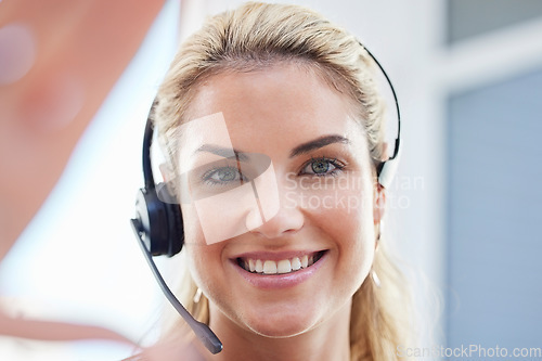 Image of Call center, smile and selfie of business woman for telemarketing, customer support or consulting. Contact us, sales or networking with portrait of employee for help desk, technology or communication