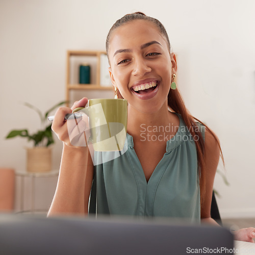 Image of Coffee, happy and woman on a video call with a laptop for business, reading email and working in a house. Internet, communication and remote girl entrepreneur with a smile and tea with a pc for job