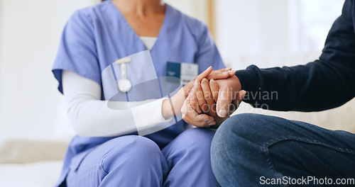 Image of Nurse, patient and holding hands closeup for diagnosis news, consultation or test result support. Medical worker, person and fingers touch for anxiety stress or empathy wellness, report or exam hope