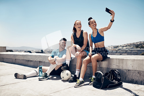 Image of Selfie, fitness and soccer people friends with smartphone for social network update or outdoor wellness post on blue sky mock up. Young accountability sports or sports team with cellphone portrait