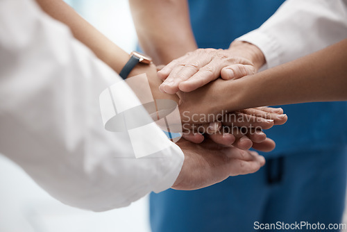 Image of Teamwork, medical support and hands of doctors working as a team for success in healthcare at a hospital. Nurse, surgeon and worker with solidarity, help and collaboration at a clinic for work