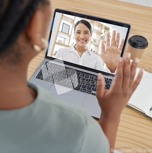 Image of Video call, wave and employees in a meeting for business, marketing and networking on a laptop at a desk in the office at work. Manager greeting on pc screen during virtual webinar with worker