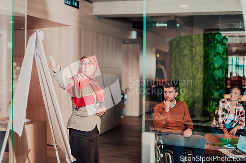 Image of An older Muslim businesswoman presents a project to a young diverse team of people in a modern office