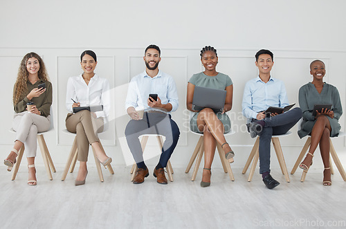 Image of Human resources, hiring and recruitment with a business woman and man group waiting in line for an interview. Corporate, hr and equal opportunity in a workplace to promote diversity and growth