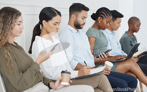 Image of Technology, waiting room and business people with opportunity, online career application or hr job search website information. Diversity women or group for Human Resources we are hiring internship