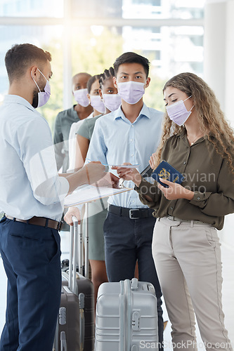 Image of Covid, travel and passport with people at airport security for document check, immigration law and corona virus policy. Compliance worker with immigration checklist or safety paperwork for insurance