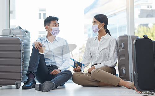 Image of Passport, airport and covid people on floor for immigration problem, travel risk management or corona virus crisis with suitcase in china. Covid 19 couple with identity paper on a waiting room ground