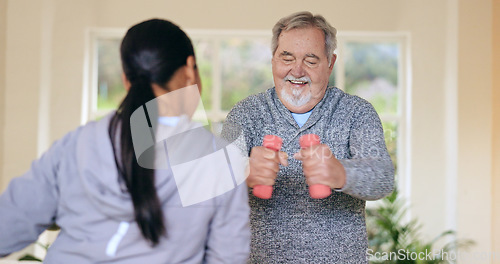 Image of Woman, senior man and workout with dumbbells, health and workout app for progress in nursing home. Personal trainer, physiotherapist and training for muscle, rehabilitation or exercise in retirement