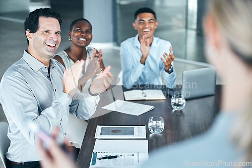 Image of Presentation, leadership and diversity team applause at meeting for marketing strategy from ceo, coach or manager. Corporate celebration, support or business group of people clap for advertising idea