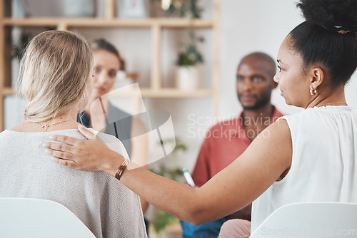 Image of Support, help and group of people in therapy discussion for mental health problem, stress or depression with professional psychologist or therapist. Care, trust and psychology with community talking