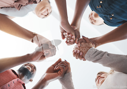 Image of Diversity, support and people holding hands in trust and unity for community in the outdoors. Hand of diverse group in solidarity for united team building, collaboration and teamwork success together