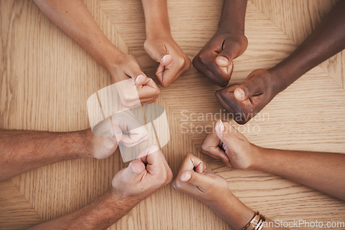 Image of Hands thumbs up for teamwork, motivation and support at advertising startup company office. Above partnership of marketing business people in collaboration, trust and success of target goal meeting