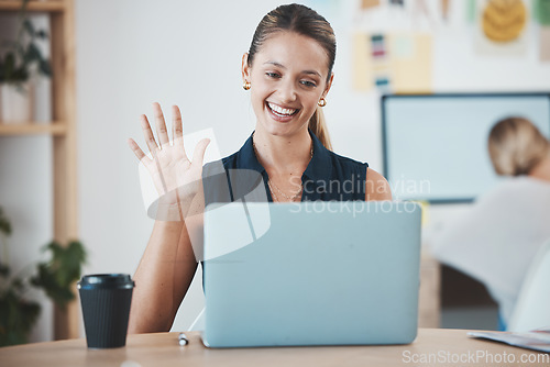 Image of Business woman wave hello, laptop video call and online presentation meeting in modern office. Happy designer talking in virtual workshop, voip marketing interview and computer webinar in startup