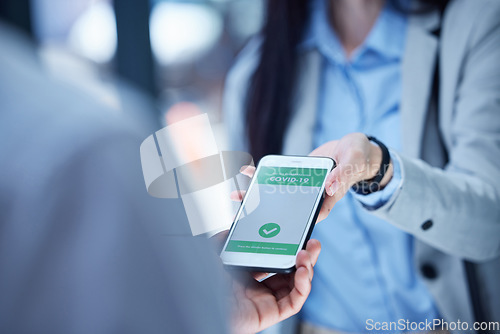 Image of Covid travel passport, phone qr code certificate and vaccine health identity at airport immigration security. Woman hands check mobile app for corona virus safety, digital data and wellness risk test