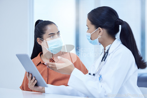 Image of Covid, woman patient and doctor with tablet explain results, give advice and help against sickness. Health, lady with mask discuss prevention for illness, virus or corona with medical professional