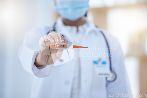 Image of Covid, health and digital thermometer with doctor, working and monitoring fever in the hospital. Person, hand of medical worker or surgeon and healthcare treatment in clinic during pandemic.