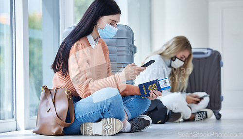 Image of Passport, covid and mask, travel with smartphone for communication after canceled flight. Woman, compliance of health and safety rules, vaccination and traveling restriction during pandemic.