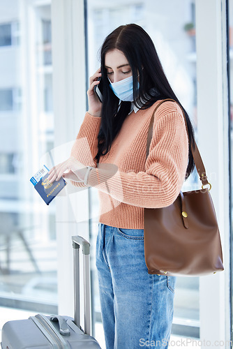 Image of Covid, travel and passport with woman in face mask and phone call for immigration law, corona virus airport policy. Person with suitcase check time on watch with document problem, covid 19 compliance