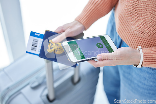 Image of Passport, phone and covid barcode for airport to board airplane for overseas travel, holiday or vacation. Ticket, digital vaccine certificate and closeup of girl with suitcase, document and cellphone