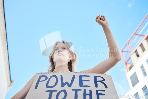 Image of Power to the people, woman protest and freedom sign to fight human rights, justice and politics in street rally. Girl power, feminism revolution and poster to support equality, community and society