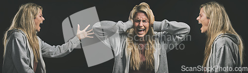 Image of Mental health, schizophrenia and bipolar woman with depression screaming for help. Anxiety, frustrated and depressed girl angry at mental illness trying to block out pain, stress and negative thought
