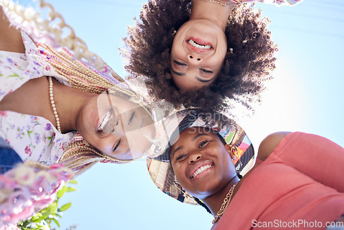 Image of Black woman, blue sky and portrait of friends happy, smile and relax on San Francisco vacation for fun friendship reunion. Sunshine, travel and group of people or women on summer holiday below view