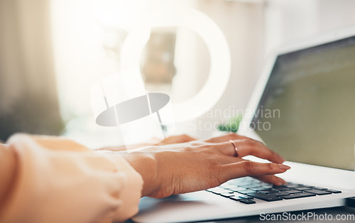 Image of Hands typing on laptop, checking emails and browsing the internet for creative ideas in office. Closeup of vlogger and influencer planning schedule, doing a proposal and networking on social media