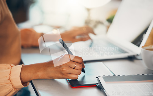 Image of Graphic designer writing notes on tablet online, typing on laptop and planning a task working remote. Closeup of creative woman, entrepreneur or freelance worker checking emails and browsing internet