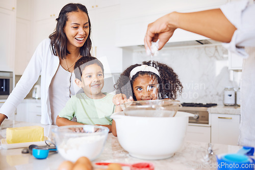 Image of Happy family cooking, kitchen and learning development or quality time relationship bonding. Cheerful mom, dad teaching breakfast recipes and kids baking together with support in family home