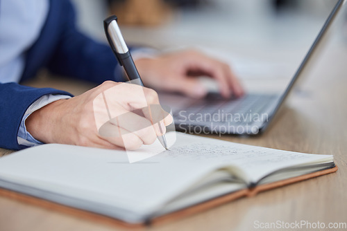Image of Typing, reading and writing business man working with a notebook, office computer and journal. Hands closeup of a finance worker multitasking and planning a company project or client strategy