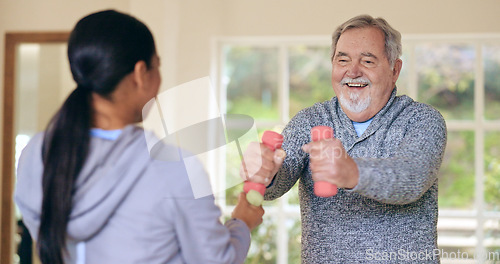 Image of Woman, elderly man and workout with dumbbells, health and happy for progress in nursing home. Personal trainer, physiotherapist and training for muscle, rehabilitation and exercise in retirement