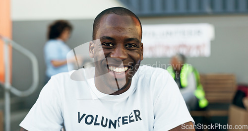 Image of Man, volunteer and smile in portrait, charity and outreach program for society in outdoors. Happy black person, nonprofit and support in social responsibility, NGO foundation and community service