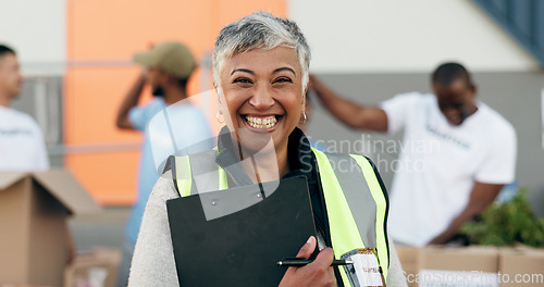 Image of Woman, clipboard and donation for charity, volunteer and organizer for outreach program, smile and portrait. Happy senior person, non profit and support in social responsibility for NGO foundation