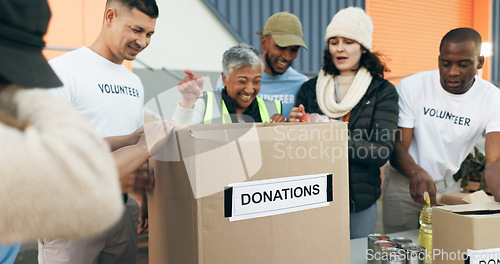 Image of Team, volunteer and people for charity, donations and community service or social responsibility. Happy group of workers, non profit and collaboration in outreach program, distribution and support