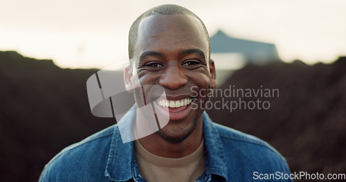 Image of Happy, black man and portrait outdoor on farm, land and eco friendly compost with soil or dirt in Nigeria. African, farmer or smile for work in composting, farming and fertiliser for earth or plants