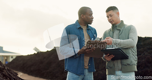 Image of Team, compost business and agriculture of people with clipboard, planning or collaboration. Men in discussion at industrial fertilizer plant, recycle soil or organic waste management on mockup space