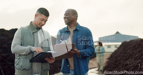 Image of Team, compost business or agriculture of men with clipboard, tablet or collaboration. Happy people in discussion for industrial soil production, recycle fertilizer or organic waste management outdoor