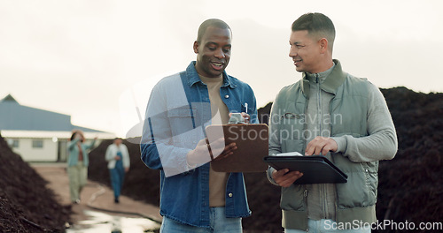 Image of Team, fertilizer business and agriculture of people with clipboard, talking and collaboration. Happy men in discussion for industrial compost plant, recycle soil and organic waste management outdoor