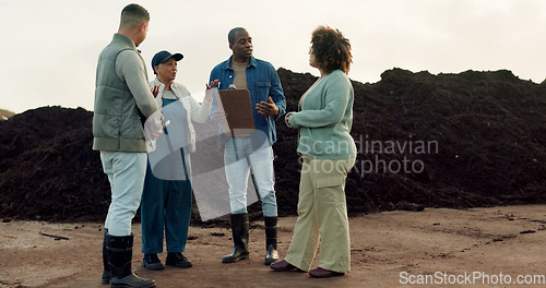 Image of Team, farmer or agriculture or business talking on dirt land or collaboration, compost or environment plant growth. Man, woman or planning field soil management, fertilizer or gardening paperwork