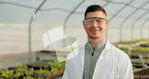 Image of Portrait, botanist and happy man at greenhouse for science farm organic vegetables, plant or growth for ecology. Face, smile and scientist at nursery for agriculture in goggles for research in Mexico