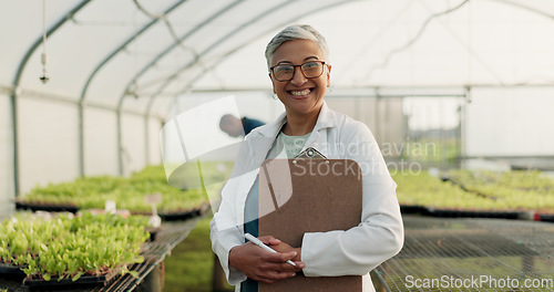 Image of Scientist, woman and checklist for greenhouse plants, farming and agriculture inspection in happy portrait. Science expert or senior farmer with clipboard for food security, growth and sustainability
