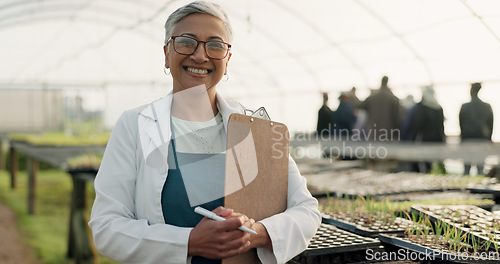 Image of Scientist, portrait and checklist for greenhouse plants, farming and agriculture inspection or management. Science woman or senior farmer with clipboard for food security, growth and sustainability