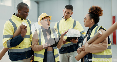 Image of Engineering meeting, teamwork and people on tablet for blueprint, construction and building design or planning. Industry manager with digital floor plan, project management and warehouse architecture